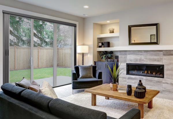 Beautiful modern living room interior with stone wall and firepl